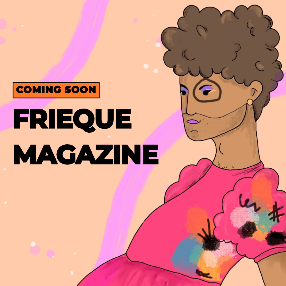 Illustratie van een persoon met bruin krulhaar, een getinte huid, oogmakeup en een baard in een roze jurk met vlekken. Naast de persoon staat 'Coming soon FRIEQUE MAGAZINE'
