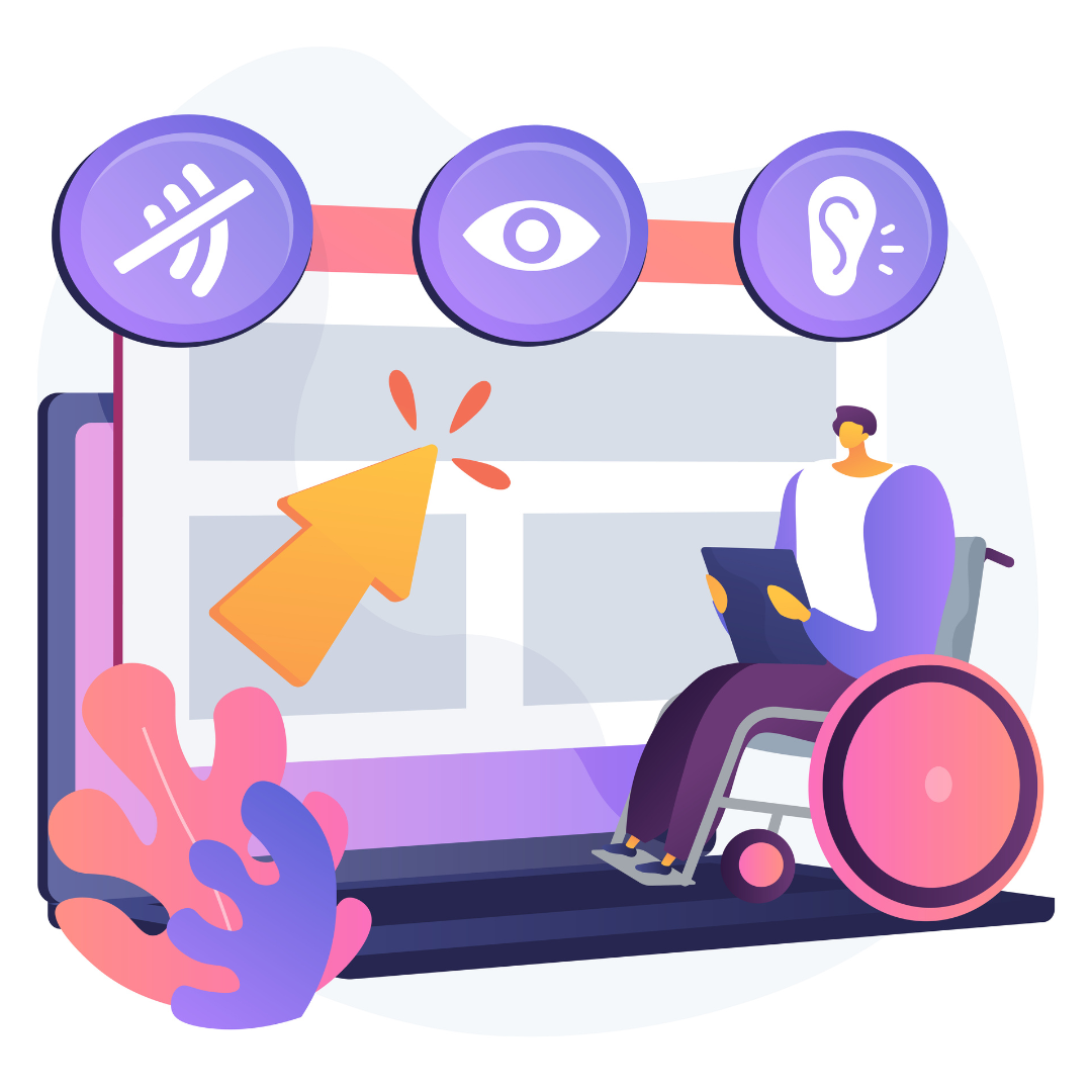 Illustratie van een persoon in een rolstoel voor een computerscherm met uitvergrootte iconen voor toegankelijkheidsopties