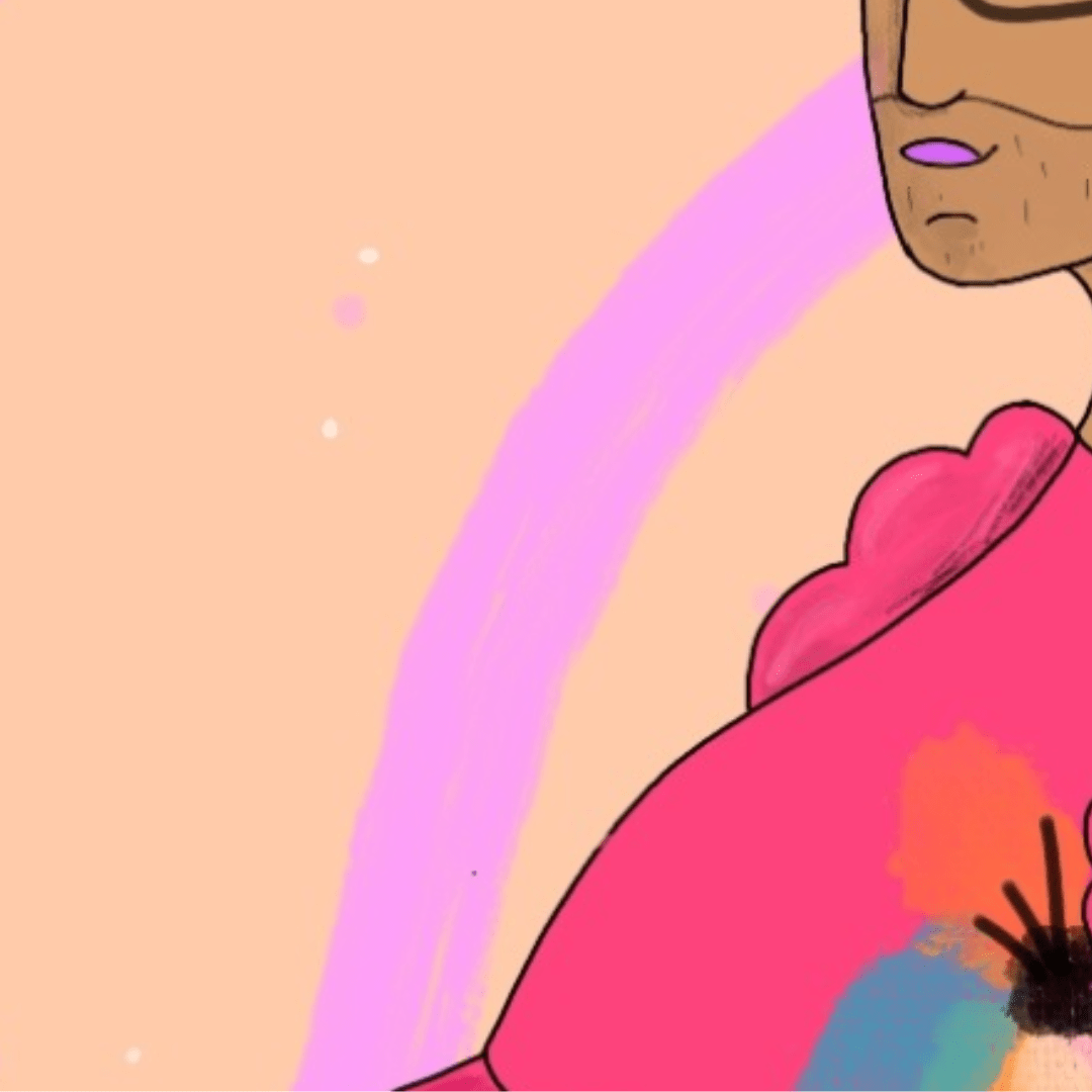 Deel van een illustratie: het kin en de borst van een persoon met een getinte huid, paarse lippenstift, een baard en een roze jurk met vlekken en strepen.