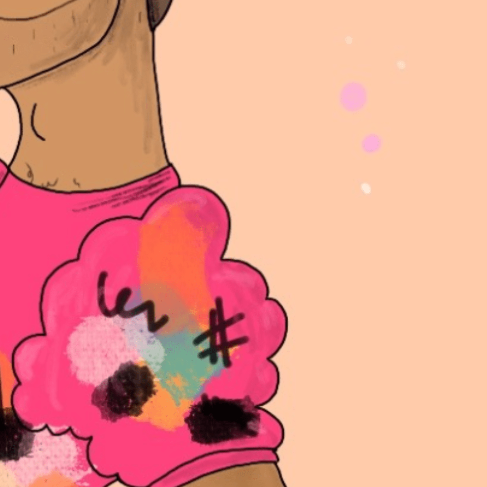 Deel van een illustratie: de schouder en hals van een persoon met een getinte huid en een roze jurk met vlekken en lijnen.