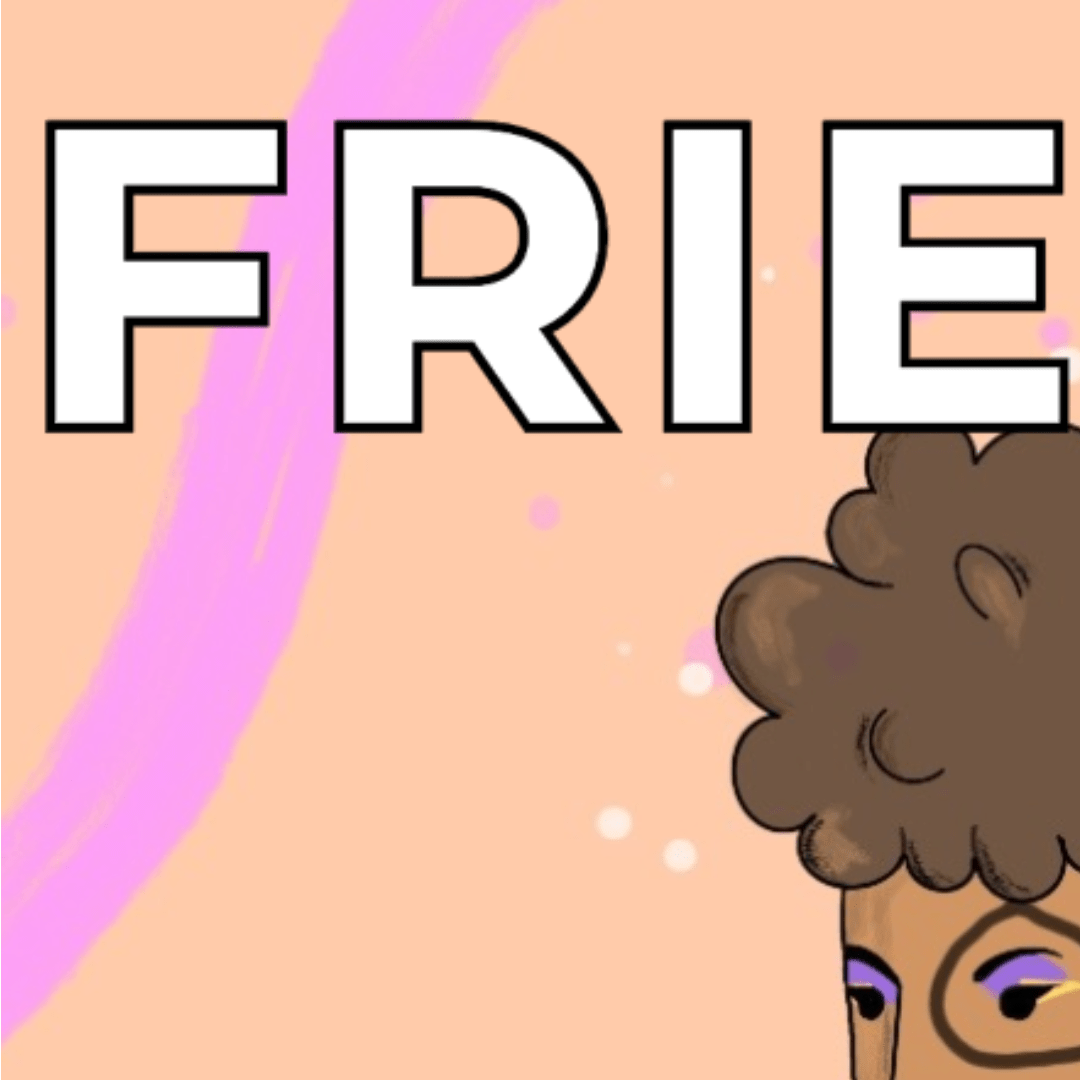 Deel van een illustratie: het voorhoofd en ogen van een persoon met bruin krulhaar en oogmakeup zijn te zien, de tekst "FRIE" staat erboven.