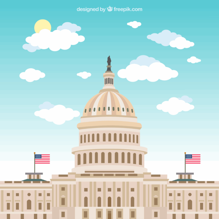 illustratie van het capitol gebouw in Washington, DC met Amerikaanse vlaggen aan beide zijden van de koepel.