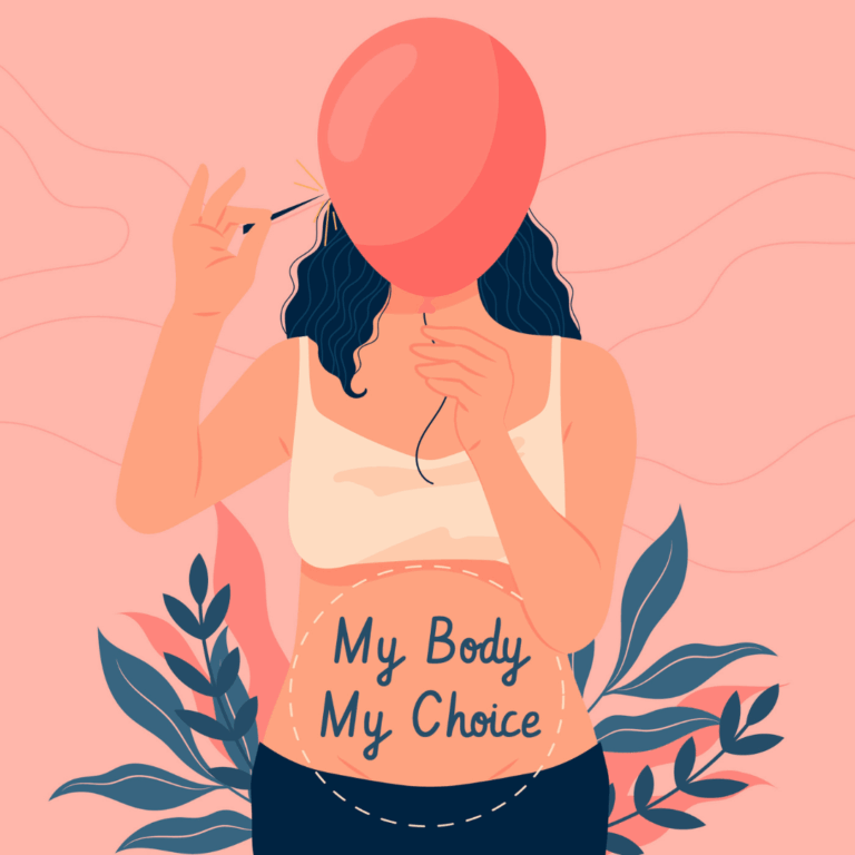 Illustratie van een persoon met op diens buik geschreven 'My body my choice'. De persoon houdt een ballon voor diens hoofd en een naald in de andere hand.