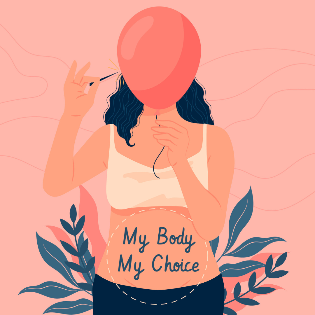 Illustratie van een persoon met op diens buik geschreven 'My body my choice'. De persoon houdt een ballon voor diens hoofd en een naald in de andere hand.