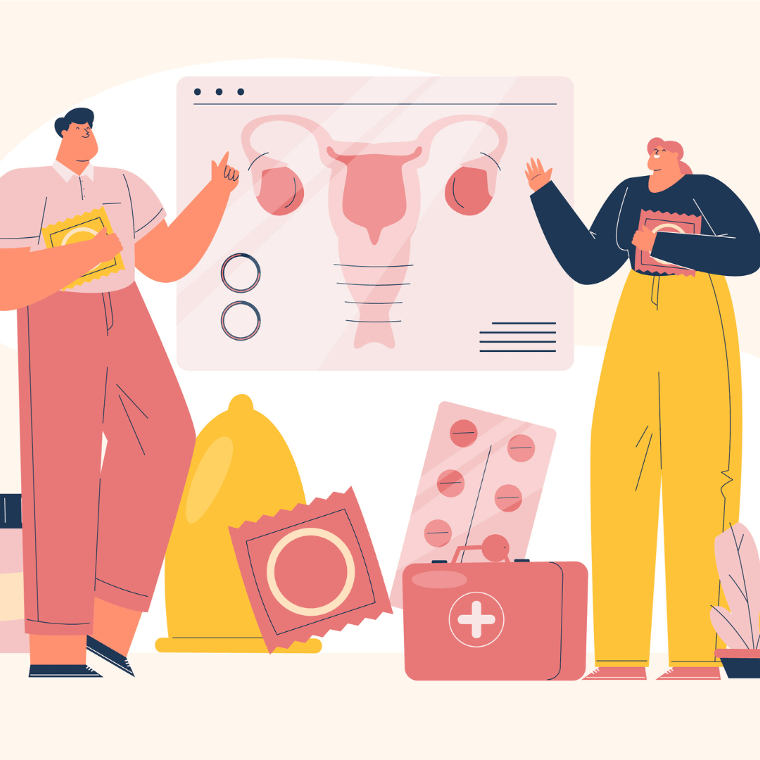 een illustratie van twee mensen voor een tekening van een baarmoeder. Om hen heen zijn pillen en condooms te zien.