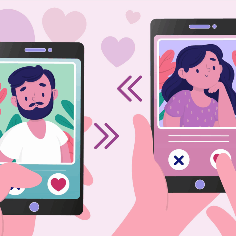 illustratie van twee telefoons met daarop een datingprofiel, naast de telefoons zijn pijltjes te zien en de handen die de telefoons vasthebben drukken op een kruisje of hartje op het scherm