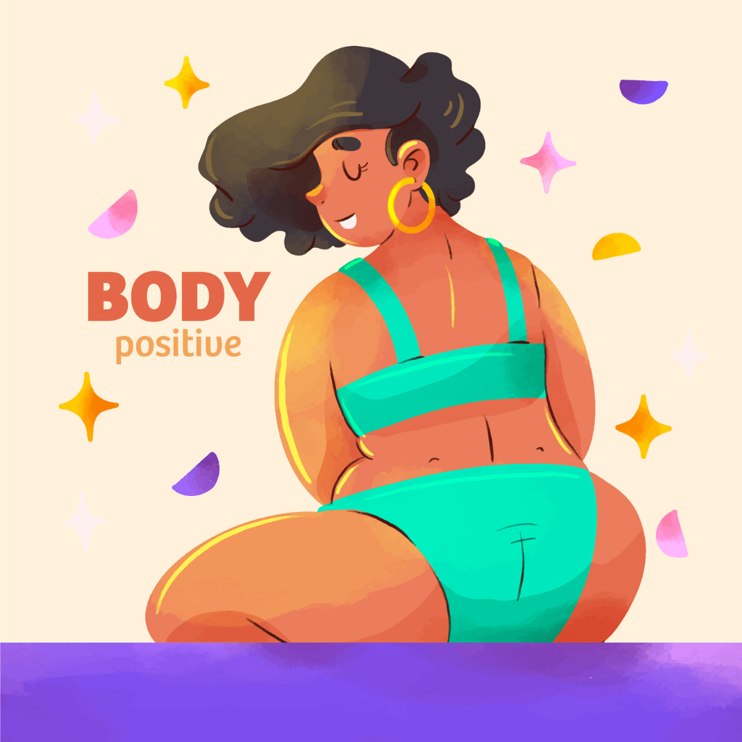 Illustratie van een dik persoon in een groene bikini die met de rug naar de kijker toe zit en met ogen dicht opzij kijkt. Naast de persoon staat 'body positivity' geschreven.