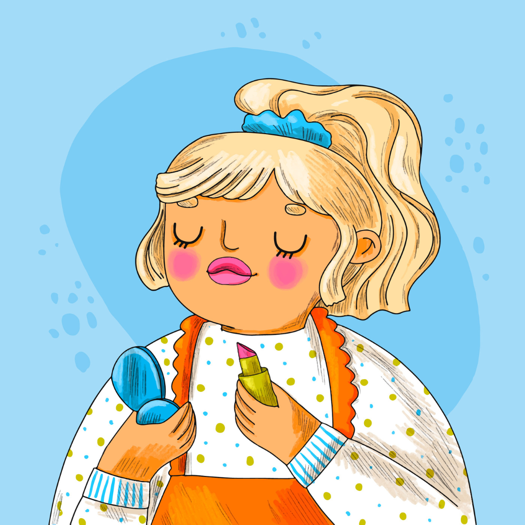 Illustratie van een meisje met make-up op, een blonde paardenstaart en in haar handen een spiegeltje en lippenstift