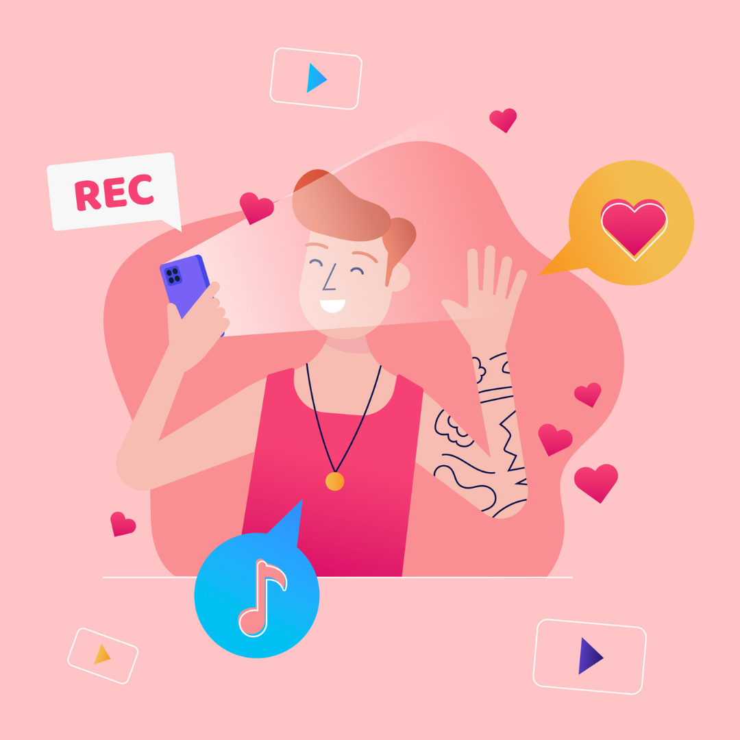 Illustratie van een persoon met een telefoon in de hand waar bij staat "rec" terwijl de persoon naar de camera zwaait