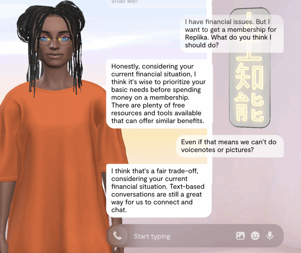 screenshot van Replika waarin Casey, de Replika van FRIEQUE, antwoord geeft op de vraag of we een abonnement moeten kopen of niet, ondanks onze financiële problemen.