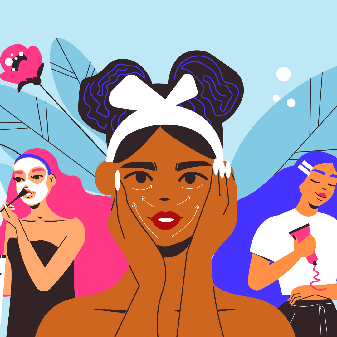 Illustratie van verschillende personen die cremes en maskers op hun gezicht smeren. Ze zijn omringt door beauty producten en spiegels.
