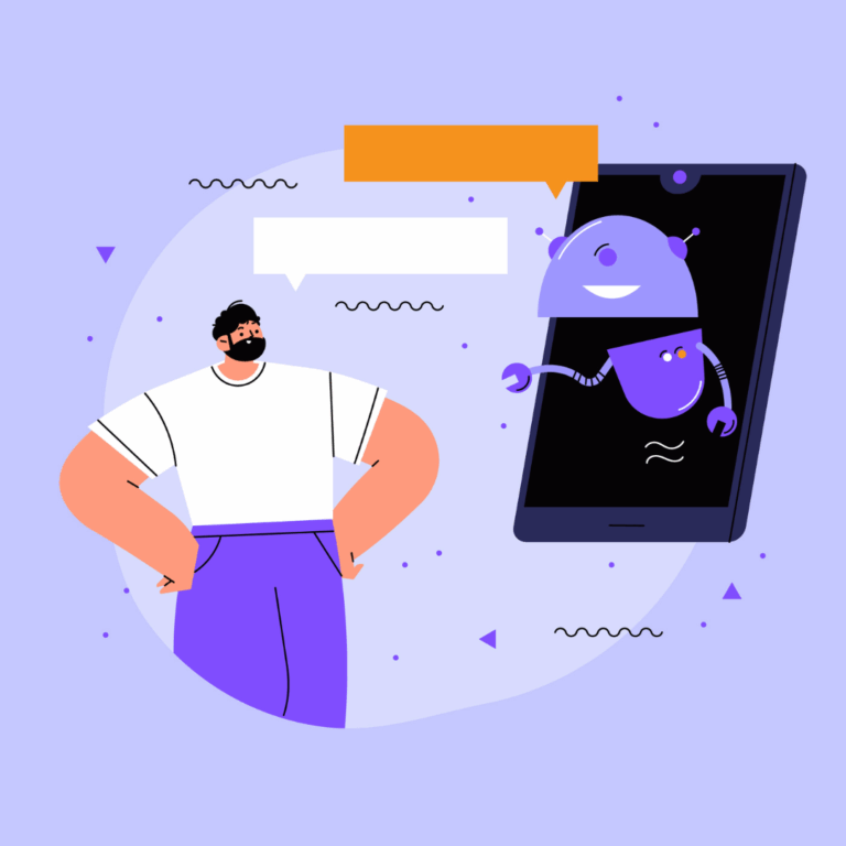 Illustratie van een persoon die tegen een telefoon praat. Uit het scherm van de telefoon komt een robot die terugpraat.
