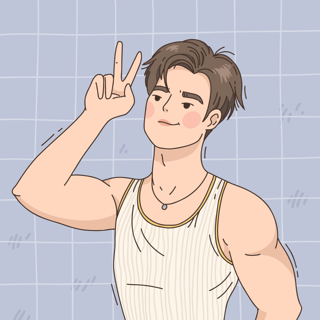 illustratie van een persoon met spieren in een witte tanktop die met diens vingers een peace teken maakt.