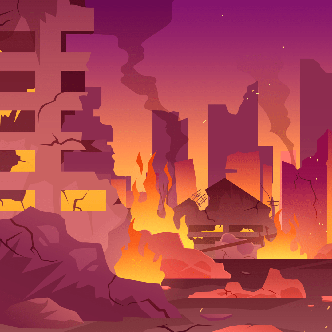 illustratie van verwoeste gebouwen met vuur en rook. De kleur van de illustratie is rood, paars en geel.