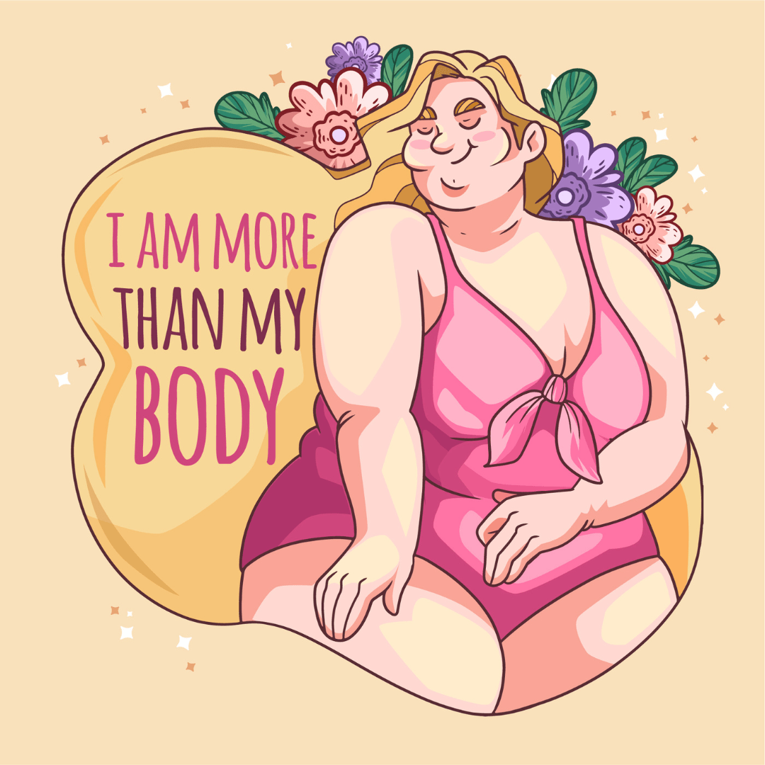 Vetbelasting: illustratie van een dik persoon in een roze badpak. Op de achtergrond zijn bloemen te zien en naast haar dikke lichaam staan de woorden "I am more than my body"