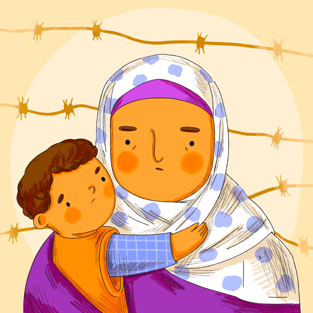 illustratie van een persoon met een Al-Amira die een kind vast houdt. Ze staan voor een hek van prikkeldraad.