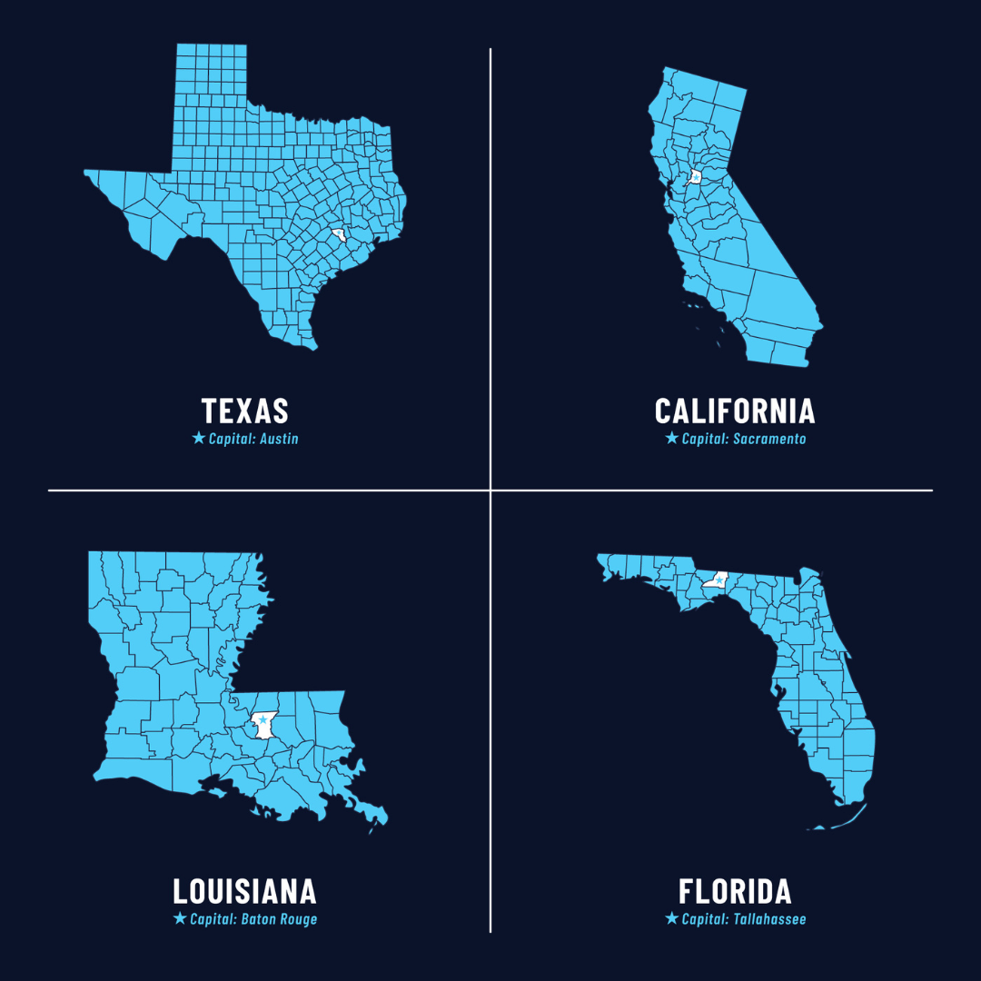 illustratie van de staten Texas, California, Florida en Louisiana in de Verenigde Staten.
