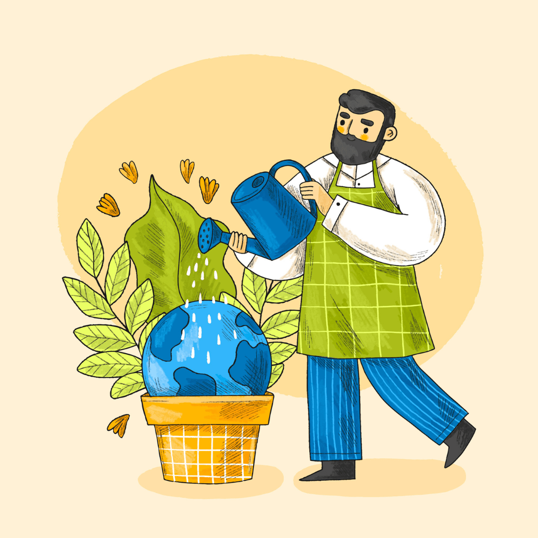 illustratie van een persoon met een gieter die water geeft aan groene planten en een aardebol. De persoon draagt een schort.