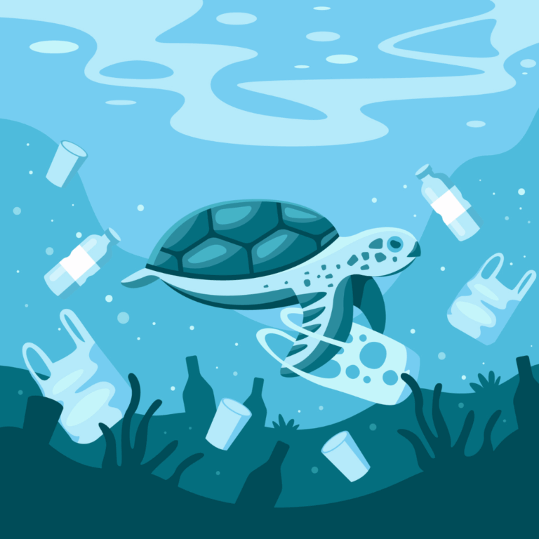 illustratie van een schildpad zwemmend in de zee, omringt door plastic. De afbeelding is blauw.