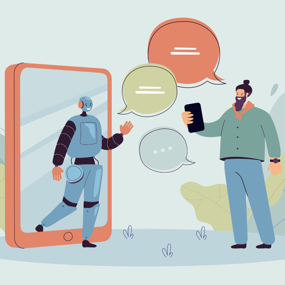 illustratie van een persoon die naast een telefoonscherm staat en praat, uit het scherm stapt een robot die terugpraat.