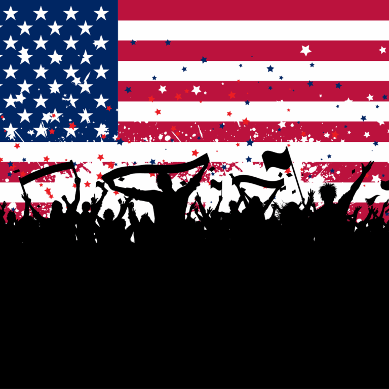 Illustratie van silhouet van feestende mensen voor een Amerikaanse vlag