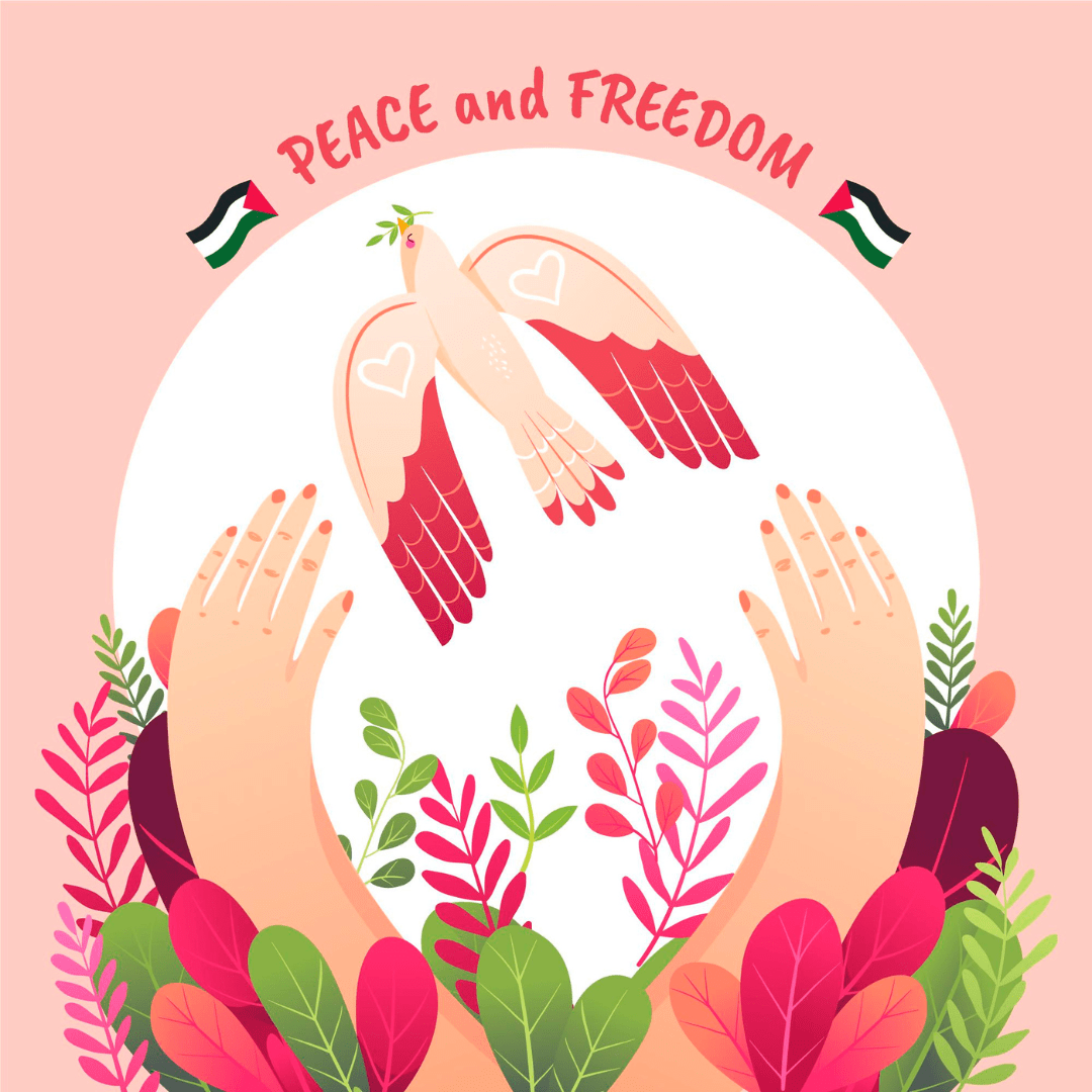 illustratie vliegende duif met handen die reiken naar de duif. Boven de duif staat "Peace and Freedom" met Palestijnse vlaggen.