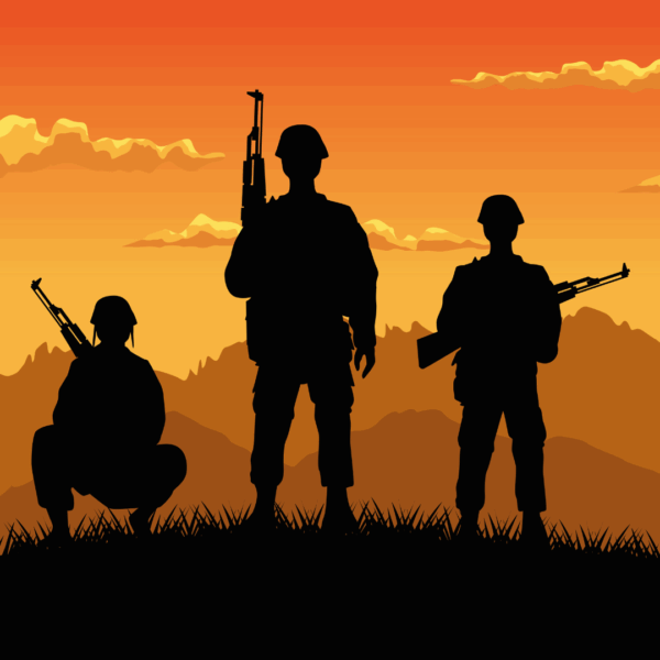 illustratie van drie soldaten met wapens voor een ondergaande zon.