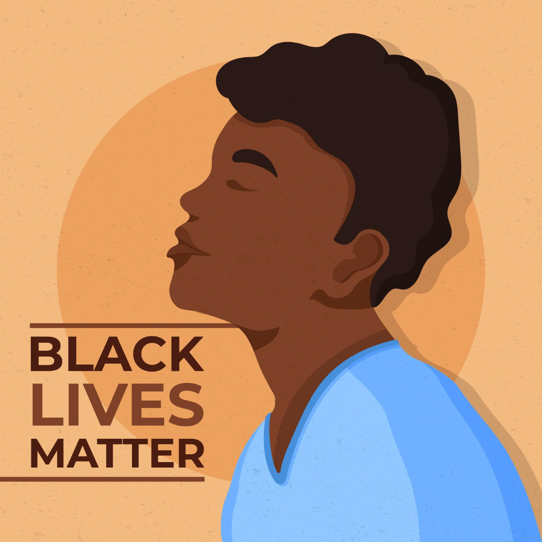 Illustratie van een Zwarte man voor een oranje achtergrond met daarnaast "Black Lives Matter"