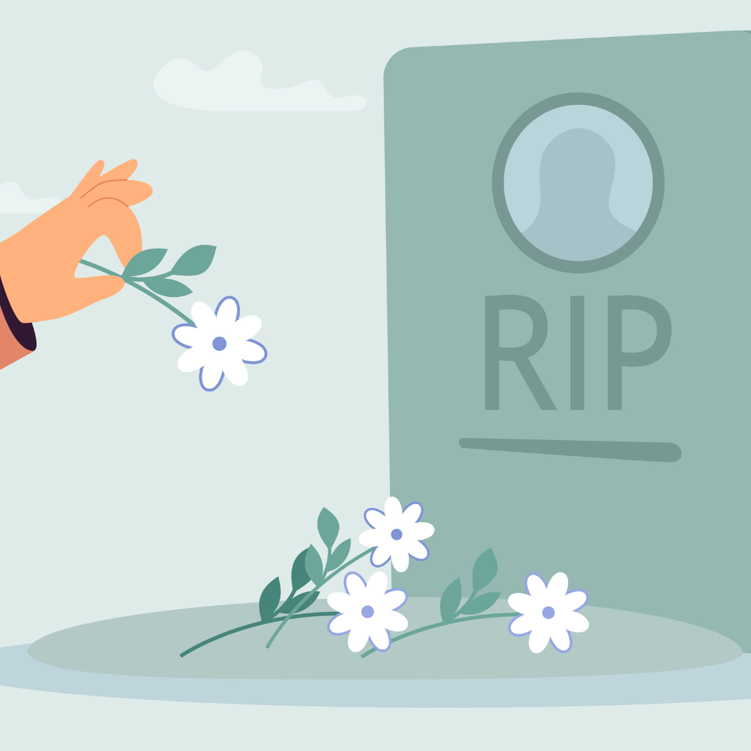 illustratie van een graf zonder naam of gezicht erop en een hand die bloemen bij het graf legt.