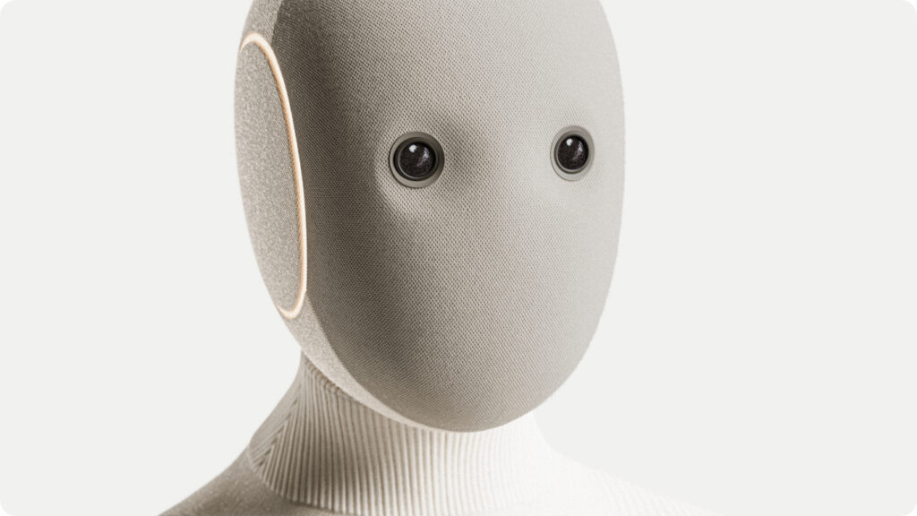 Een foto van de Neo Home Robot: een grijs hoofd zonder neus en mond maar met twee cameralenzen als ogen.
