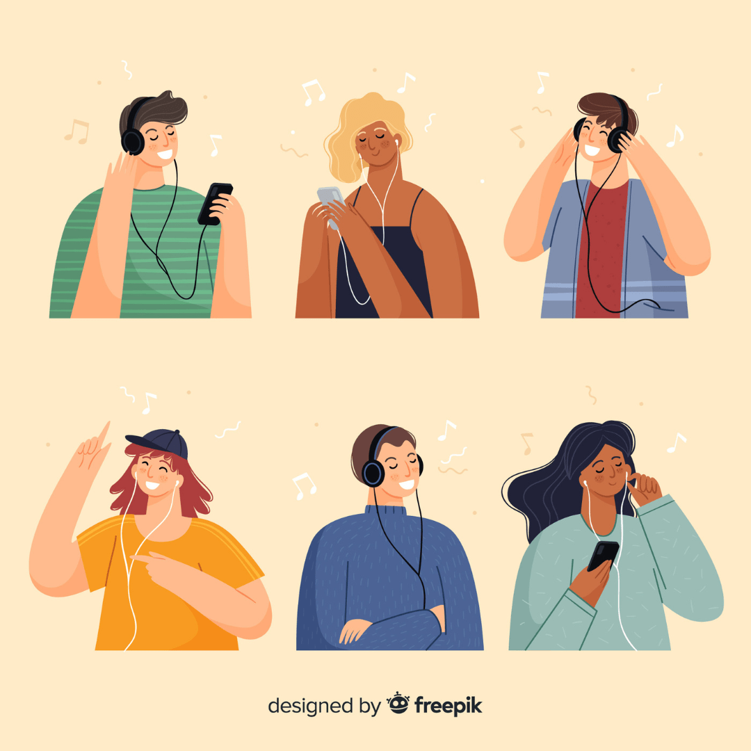 illustratie van verschillende mensen die naar muziek luisteren.