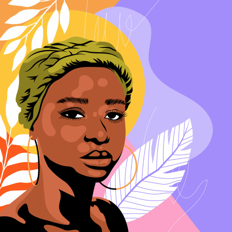 Illustratie van een Zwarte vrouw met een headwrap op voor een paarse en gekleurde achtergrond.