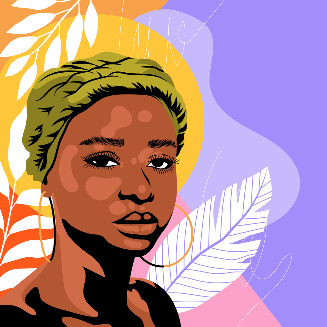 Illustratie van een Zwarte vrouw met een headwrap op voor een paarse en gekleurde achtergrond.