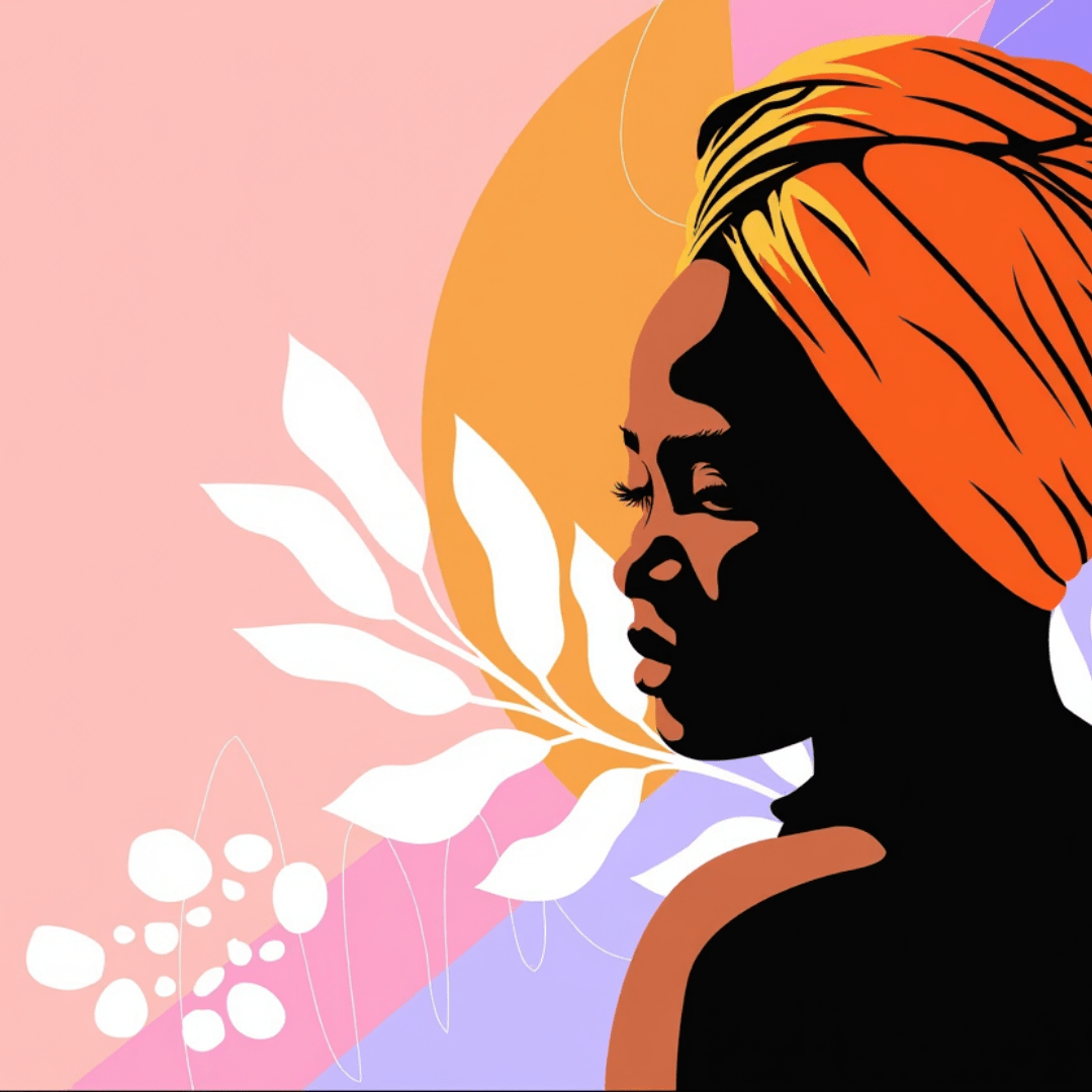 Illustratie van het silhouet van een Zwarte vrouw met head wrap die over haar schouder achteruit kijkt. De achtergrond is gekleurd.