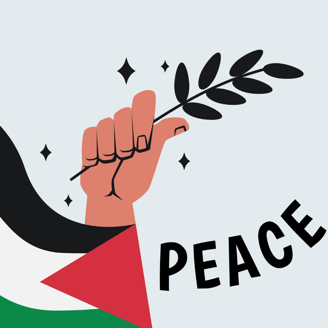 Illustratie van een Palestijnse vlag met daarnaast een hand die de tak van een laurier vastheeft met daarnaast het woord 'Peace'