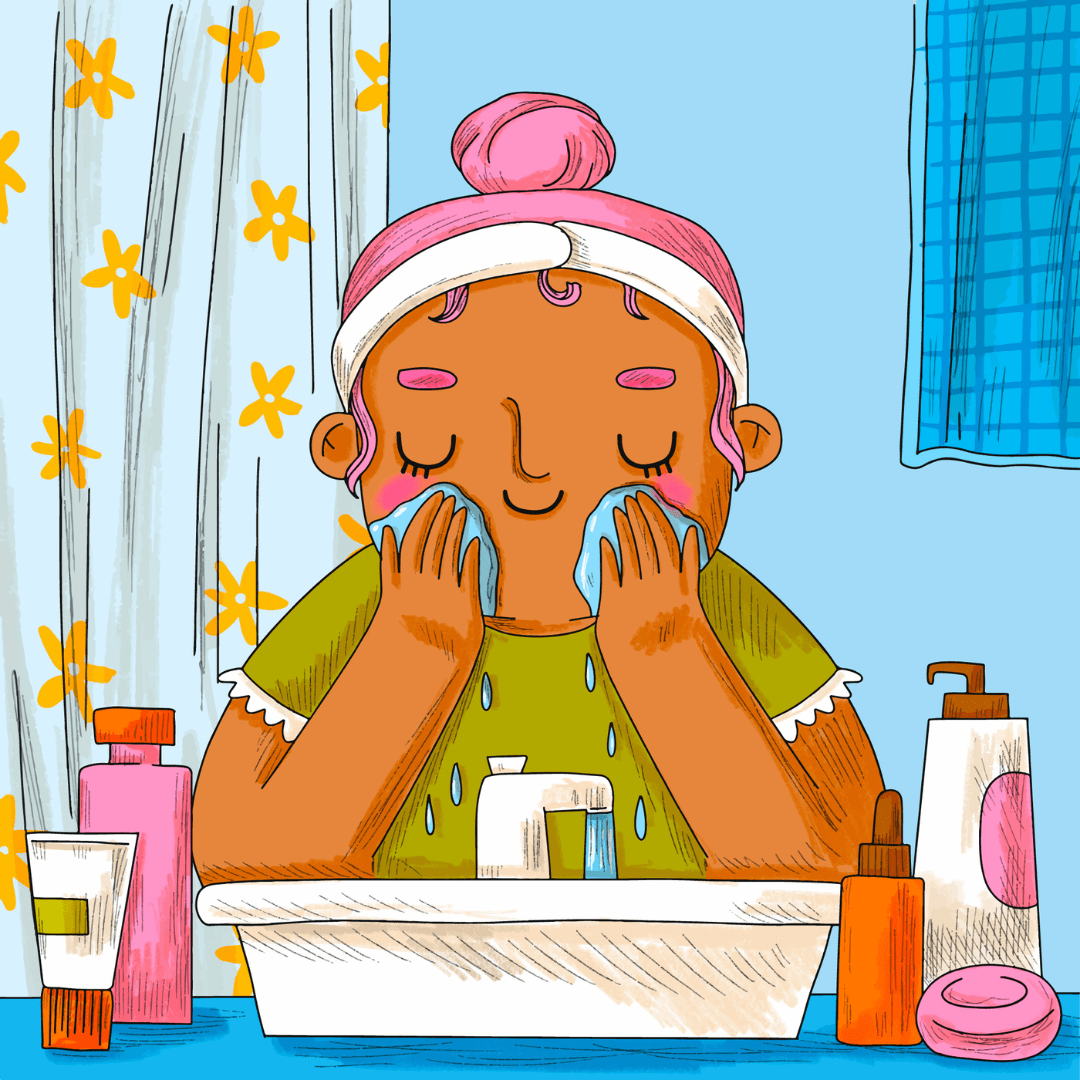 Illustratie van een kind dat diens gezicht wast met een blauwe creme in de badkamer.