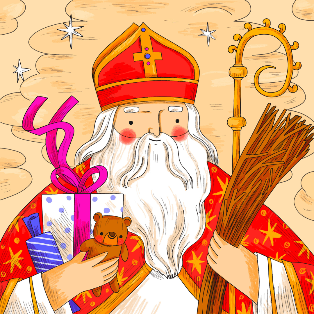 Illustratie van een Sinterklaas met zijn armen vol cadeaus, snoepgoed, een staf en een roe.