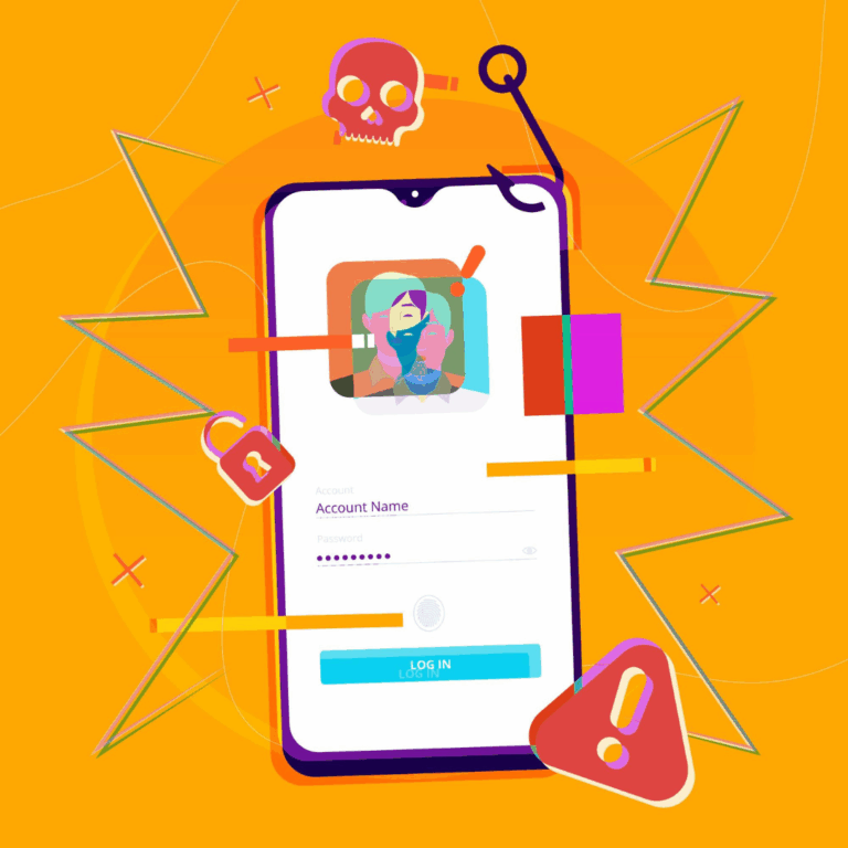 Illustratie van een mobiele telefoon met daaromheen rode symbolen die gevaar aanduiden.