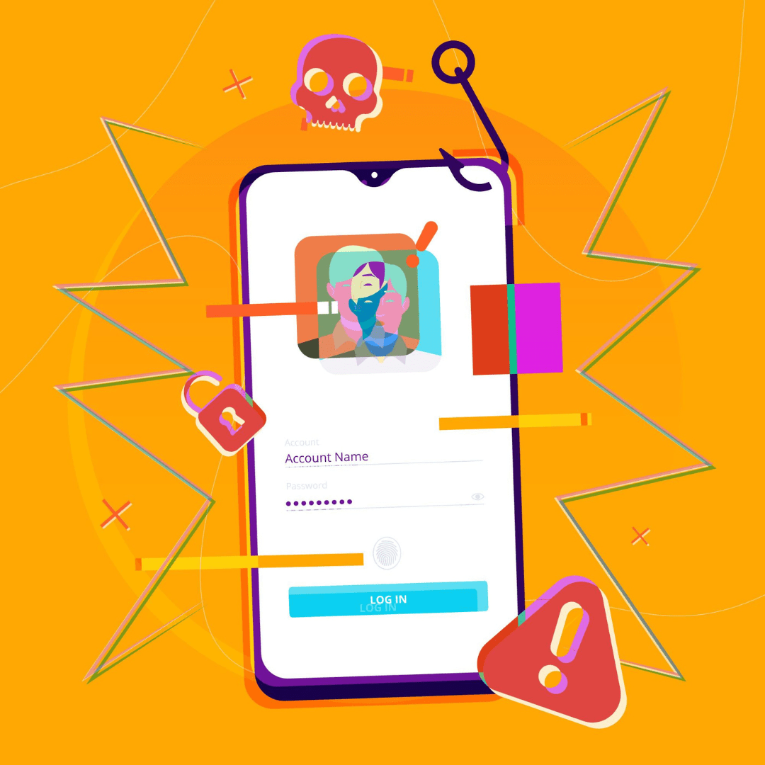 Illustratie van een mobiele telefoon met daaromheen rode symbolen die gevaar aanduiden.