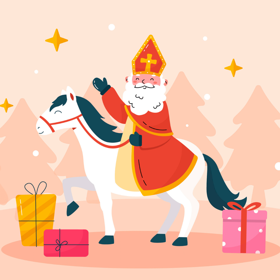 illustratie van Sinterklaas op zijn schimmel in een bos met om zich heen cadeaus. Hij zwaait naar de camera en lacht.