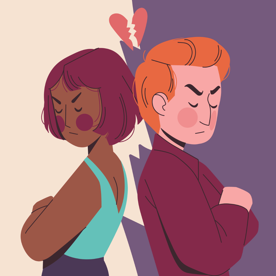 Illustratie van twee mensen die met de ruggen naar elkaar toe staan. Tussen hen in is een breuklijn te zien en beide kijken boos.