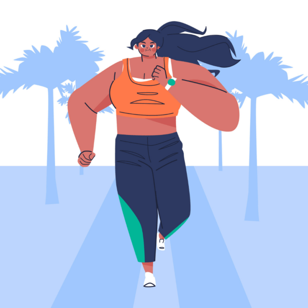 Illustratie van atleet met lang haar en gespierd bovenlichaam die rent