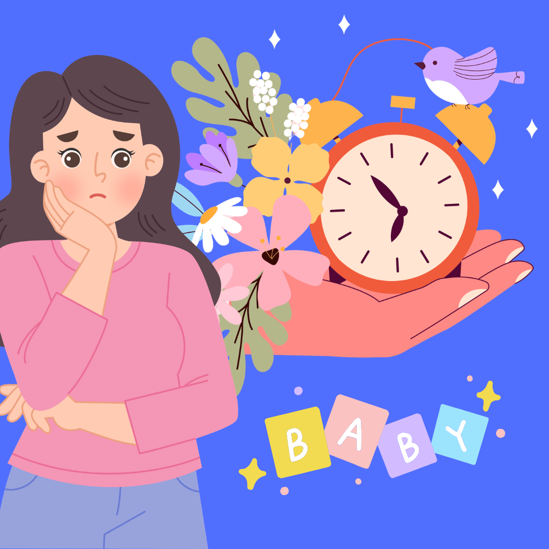 Illustratie van een vrouw die bezorgd kijkt en voor een klok staat met daaromheen bloemen. Onder in beeld is het woord 'baby' te zien.