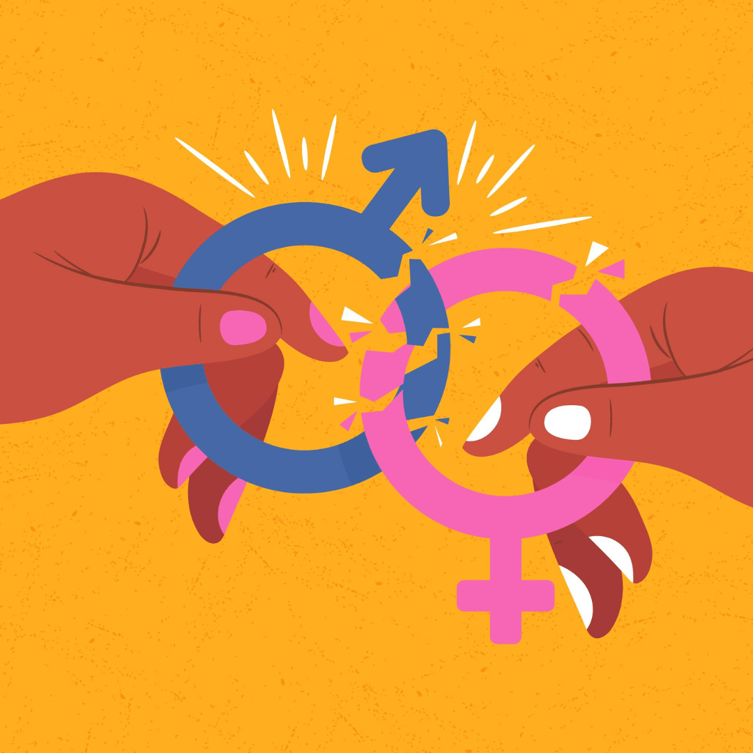 Illustratie van twee handen die beide een symbool voor gender vasthebben. Ze trekken de twee uit elkaar terwijl de symbolen breken. De achtergrond is geel.