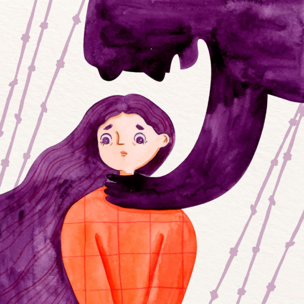 Illustratie van een vrouw die vastgegrepen wordt bij haar keel door een schaduw die tegen haar lijkt te schreeuwen. De vrouw kijkt verdrietig.