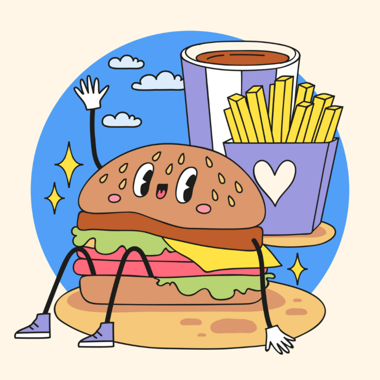 illustratie van een hamburger met een gezicht die naar de camera zwaait. Achter de hamburger zijn een bakje friet en een frisdrank te zien.