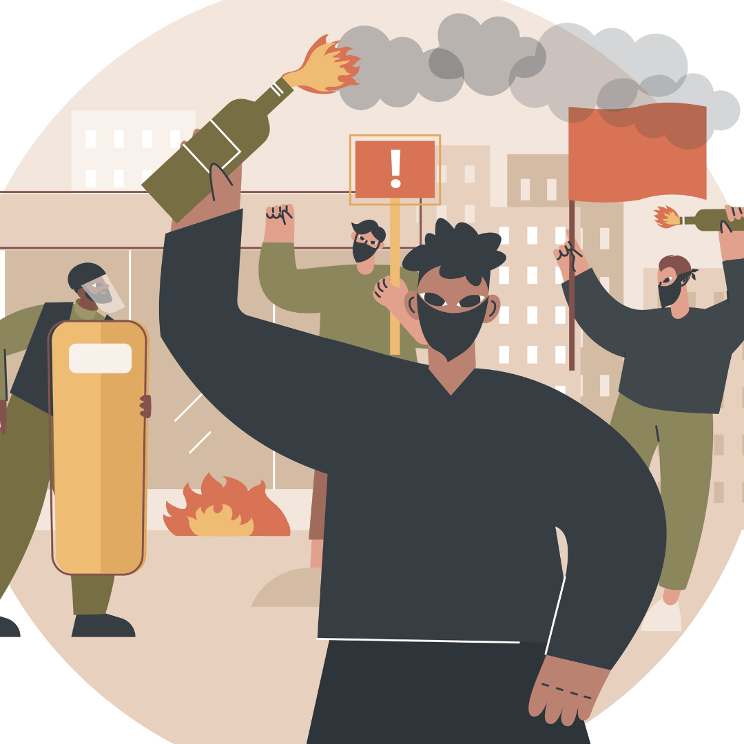 Illustratie van in zwart geklede personen met gezichtsbedekkende kleding die met vuurwerk en molotov cocktails gooien. Tegenover hen staat een ME-agent
