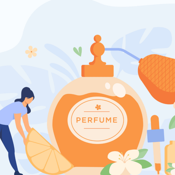 Illustratie van een oranje flesje parfum met daaromheen citroen en vanille, neergelegd door mensen die kleiner zijn dan het flesje.