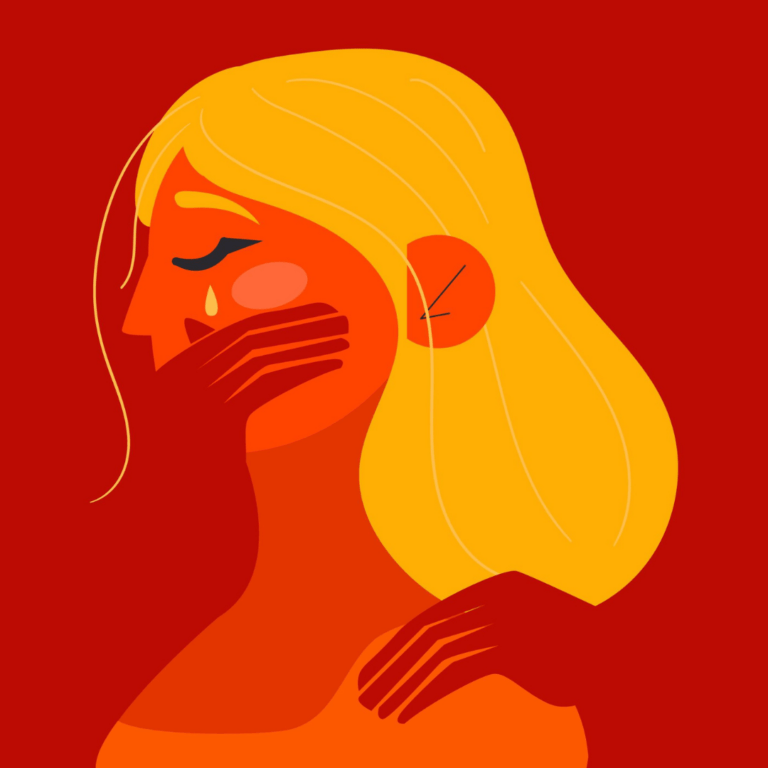 illustratie van een vrouw die van achter vastgehouden wordt en wiens mond bedekt wordt door een hand. De vrouw huilt en de achtergrond is rood.