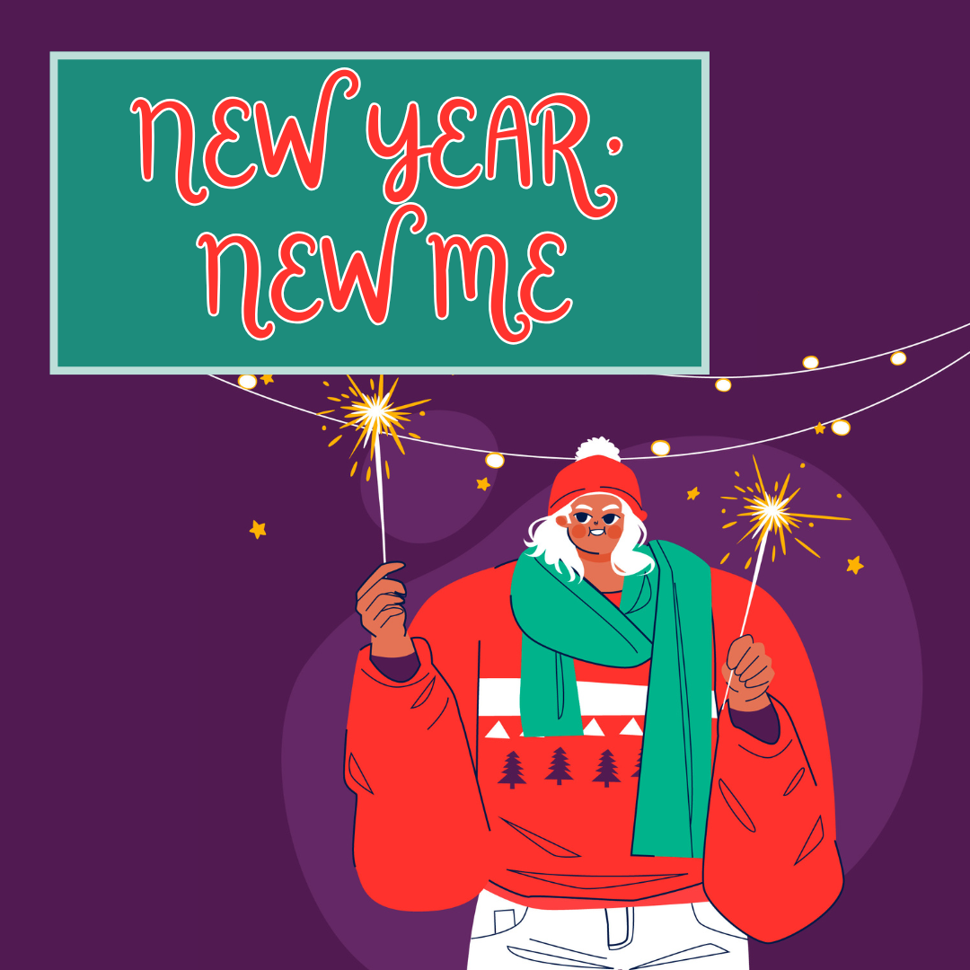 Illustratie van persoon met twee sterretjes in handen, een sjaal om en een muts op voor een achtergrond van lichtjes. Op de afbeelding staat 'new year, new me'